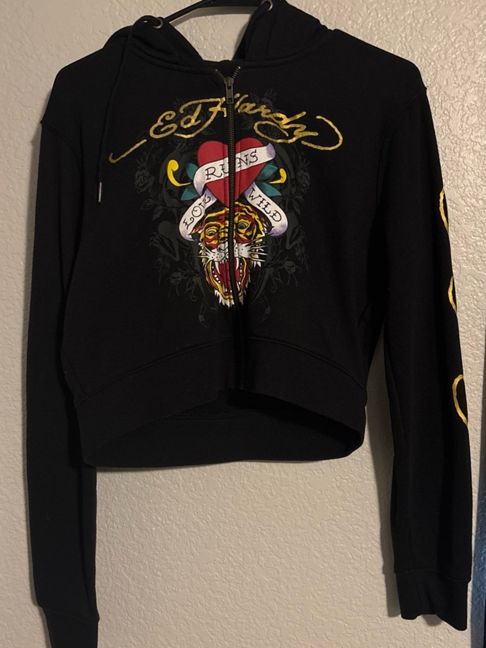 Ed Hardy Black Cropped Zip Hoodie with Multicolor Tiger Heart Graphic